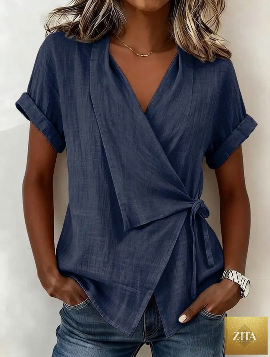 Women's casual linen top with lapel collar and lace-up front, short sleeves in a relaxed fit by Zita La Belle Elite.