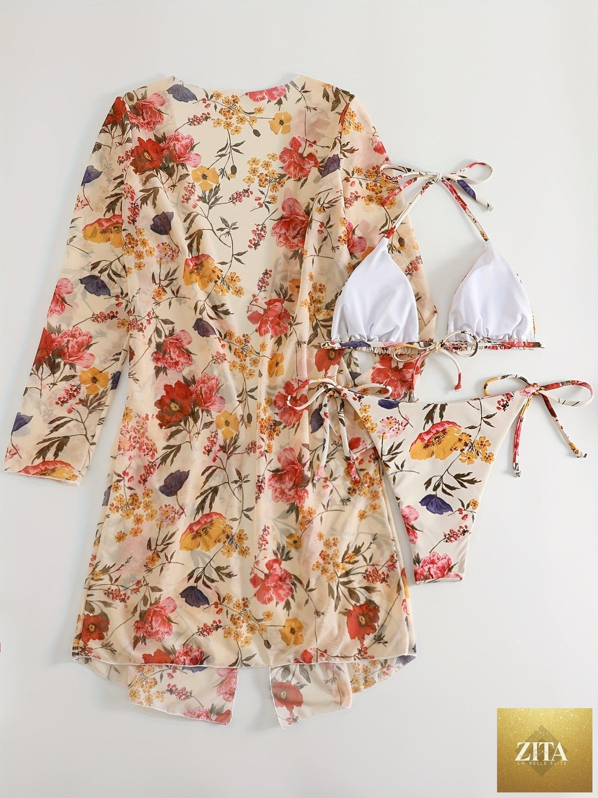 Stevvex European style floral print 3-piece bikini set with V-neck, cross straps, and matching long sleeve cover-up for summer beachwear.