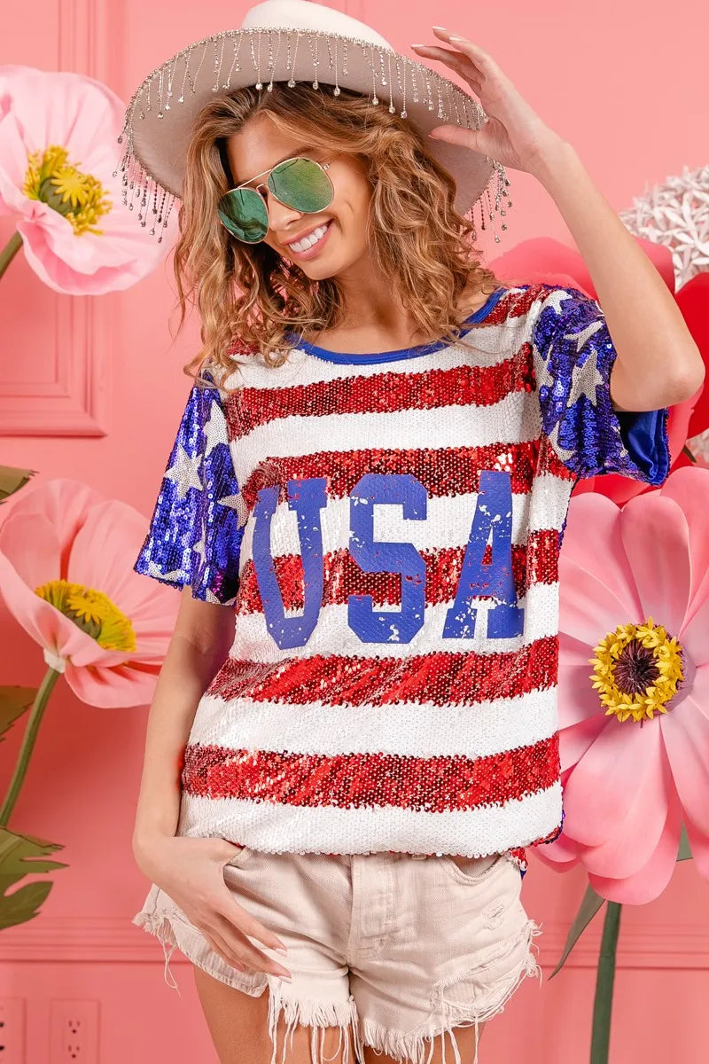 BiBi American Flag Theme USA Lettering Sequin Top