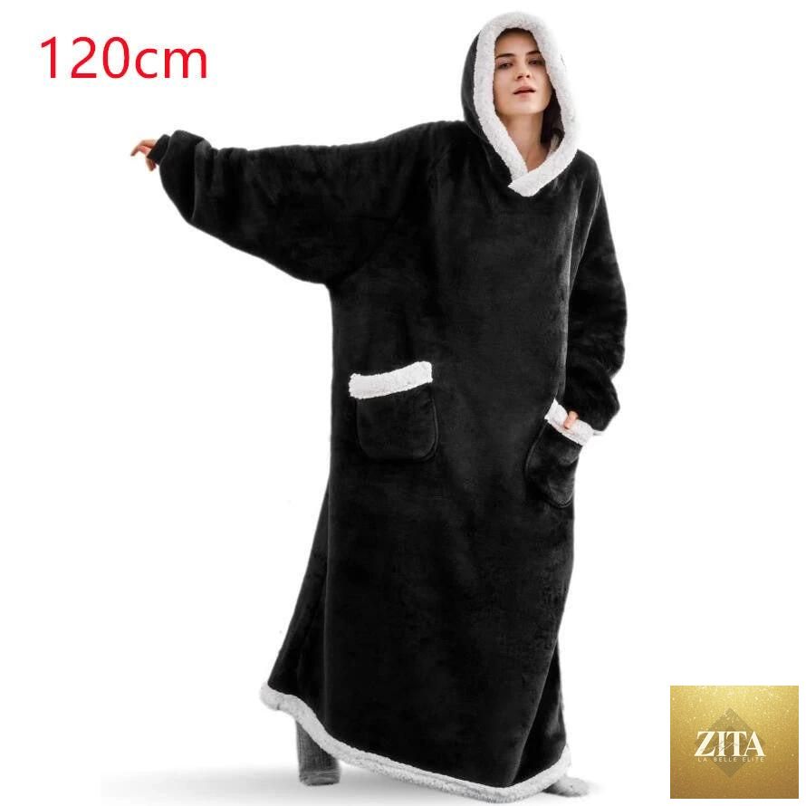 Mandotos winter TV hoodie blanket in cozy oversized style with pockets, perfect for warm home wear for women and men.