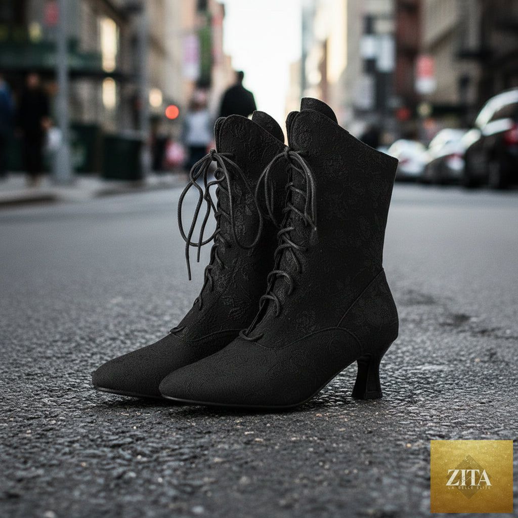 Zita La Belle Elite women's pointed-toe kitten-heel boots in black leather, stylish for autumn and winter wear.