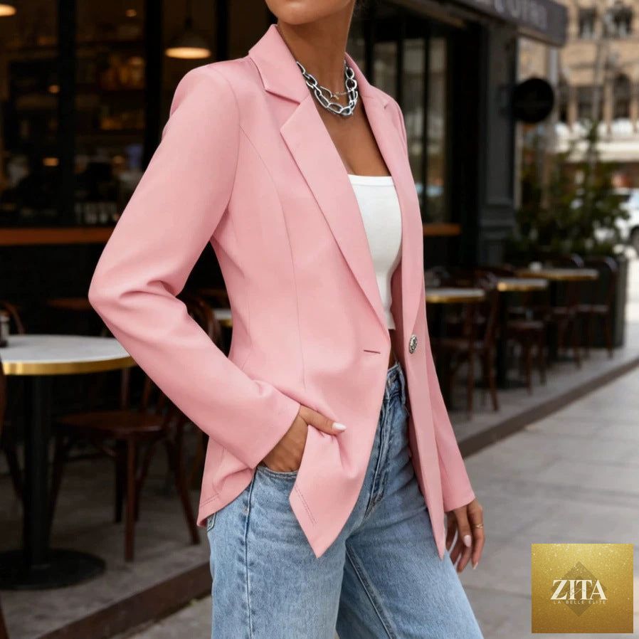 Women's slim fit blazer with lapel collar and long sleeves, featuring a waist-cinched design from FitiqueFit.