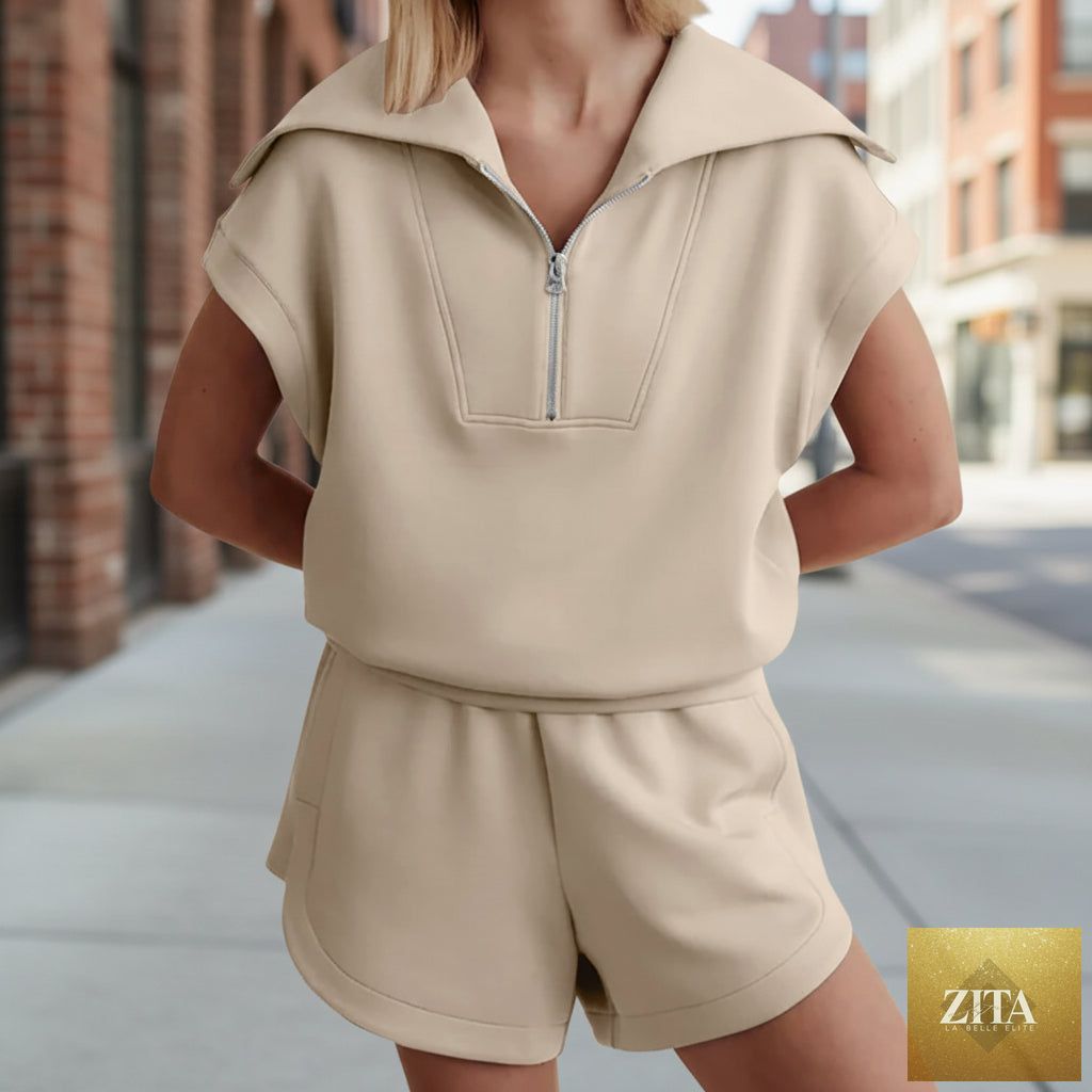 FitiqueFit half-zip lapel sweatshirt and shorts two-piece set in various colors, featuring a comfortable, casual athletic style.