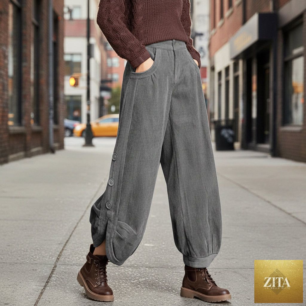 Zita La Belle Elite corduroy wide-leg pants with lace-up detail, featuring a stylish streetwear look and relaxed fit.