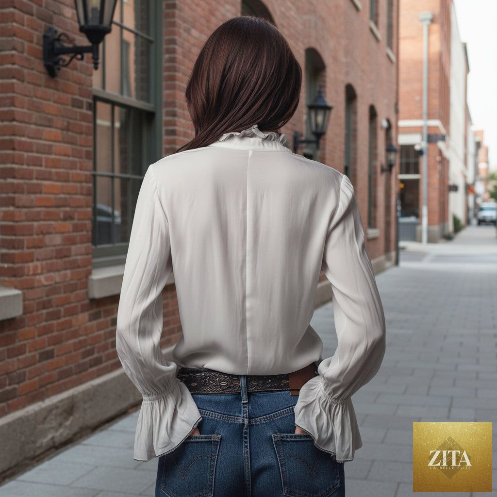 Women's FitiqueFit ruffled sleeve resort shirt, casual long blouse with stretch fabric, perfect for relaxed summer or vacation wear.