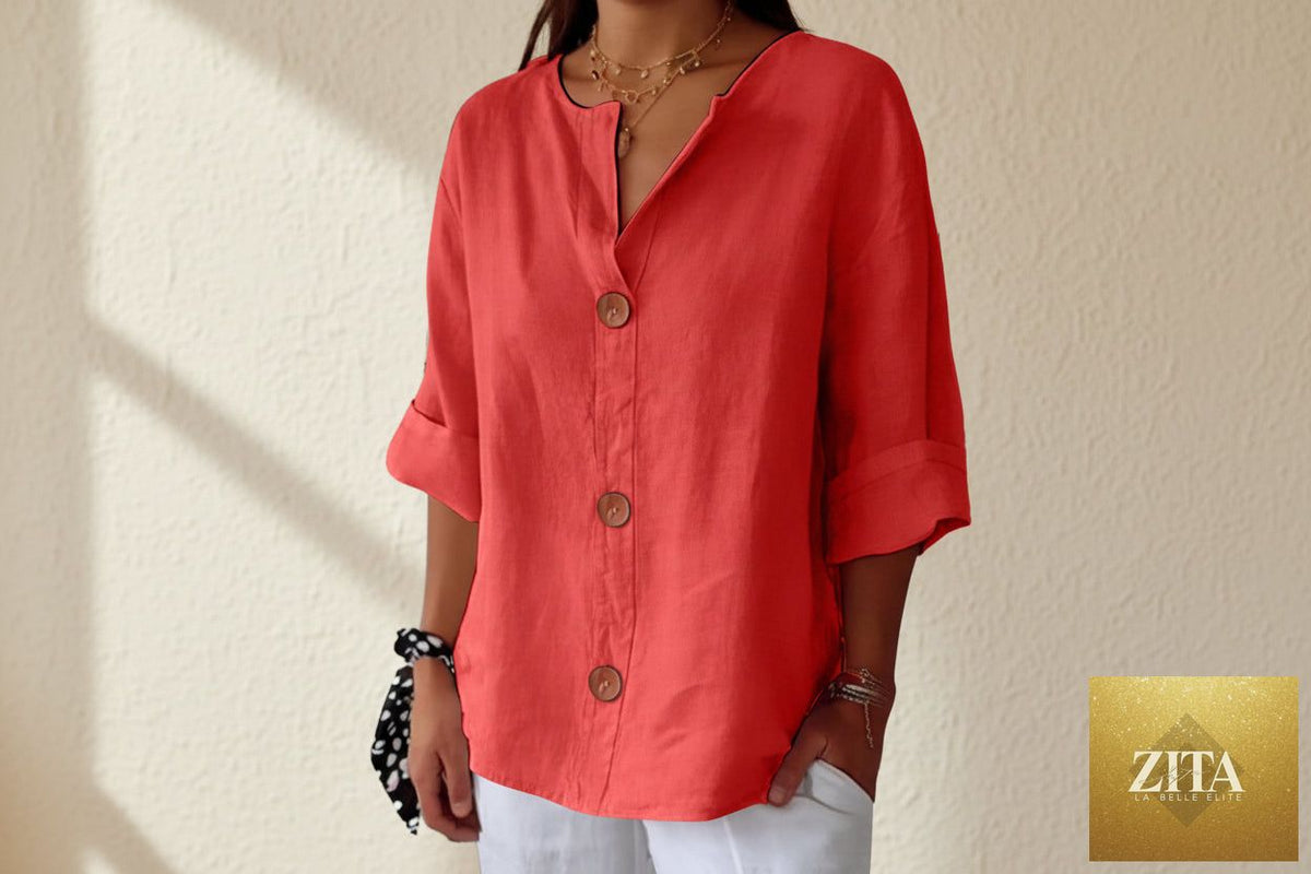 Women's V-neck cotton linen blouse with buttons, casualwear by FitiqueFit, shown in natural fabric and relaxed fit style.