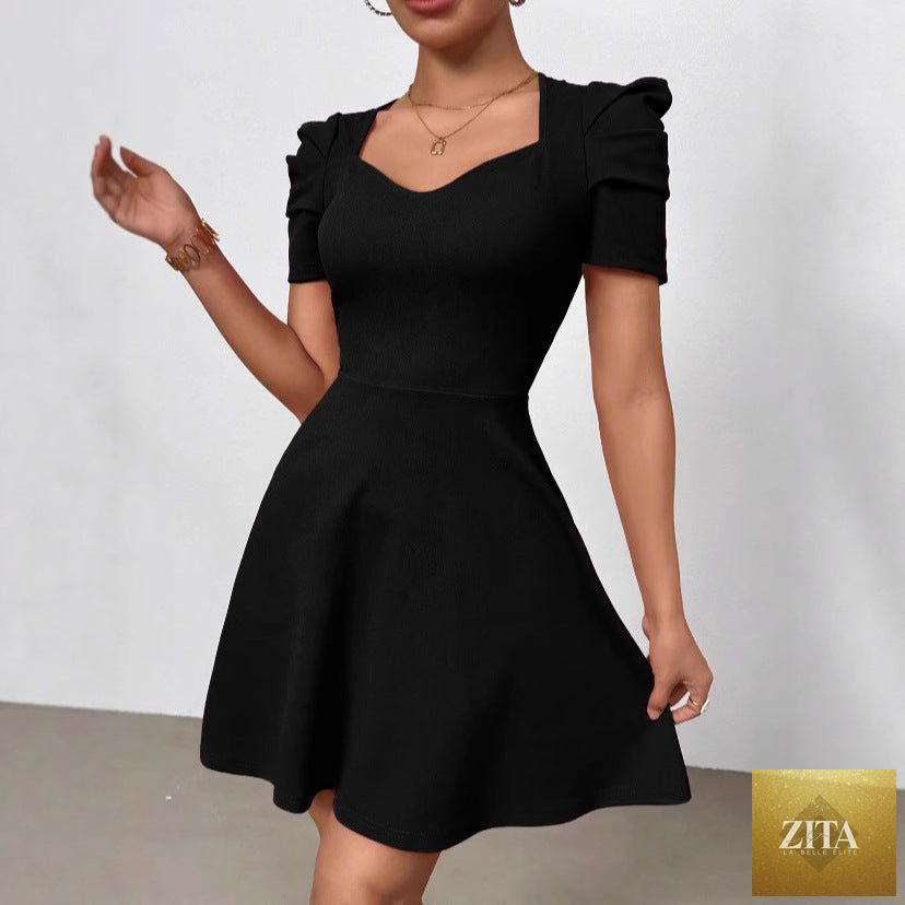Women's boat neck high-waist mini dress with zipper patchwork design by Zita La Belle Elite, casualwear for stylish comfort.