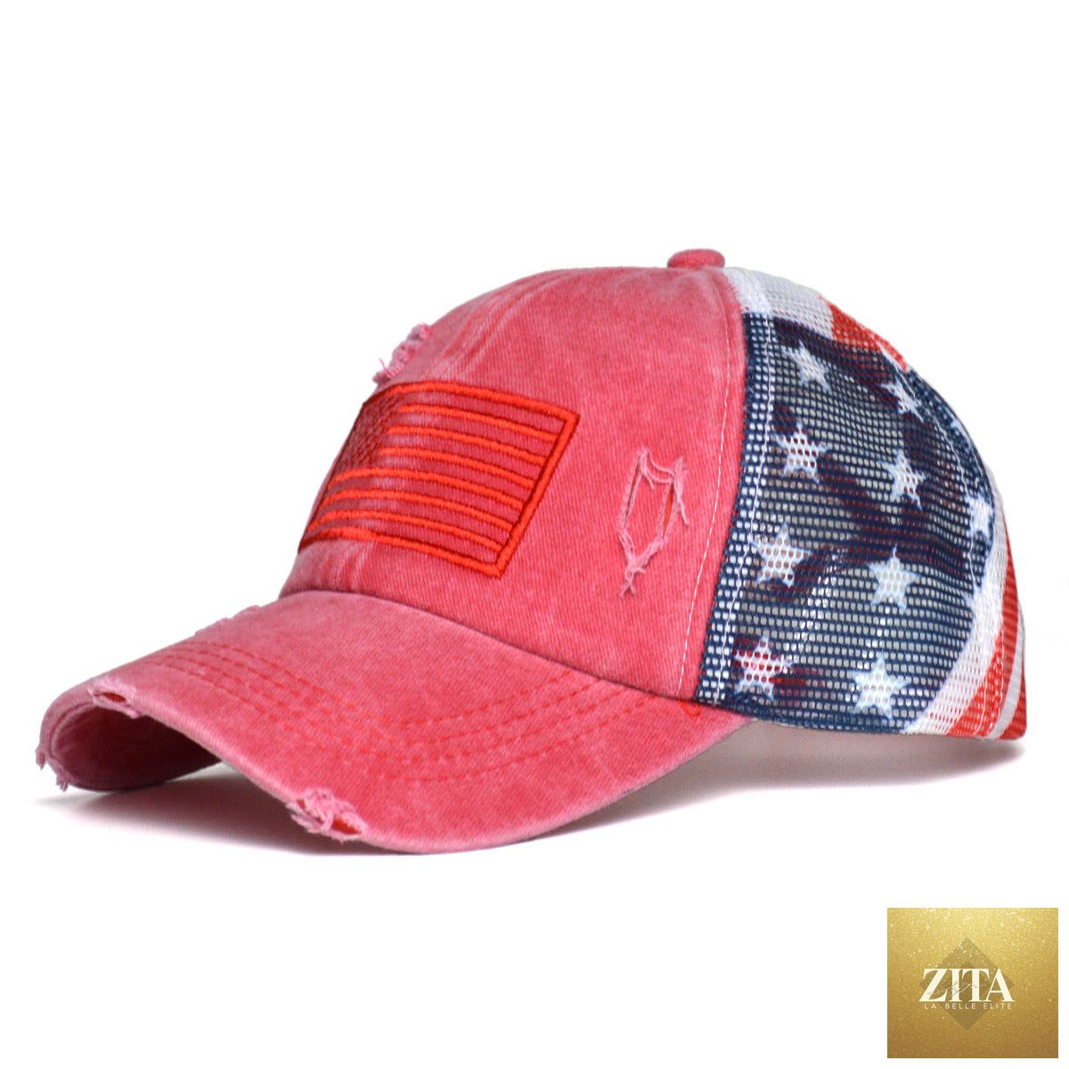 Women's embroidered ripped baseball cap by Zita La Belle Elite with breathable polyester dome top and distressed design.