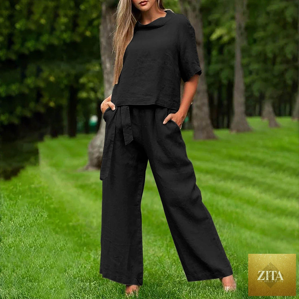 Zita La Belle Elite activewear two-piece set with round-neck 3/4 sleeve top and matching pants in six colors, size S–XXL.