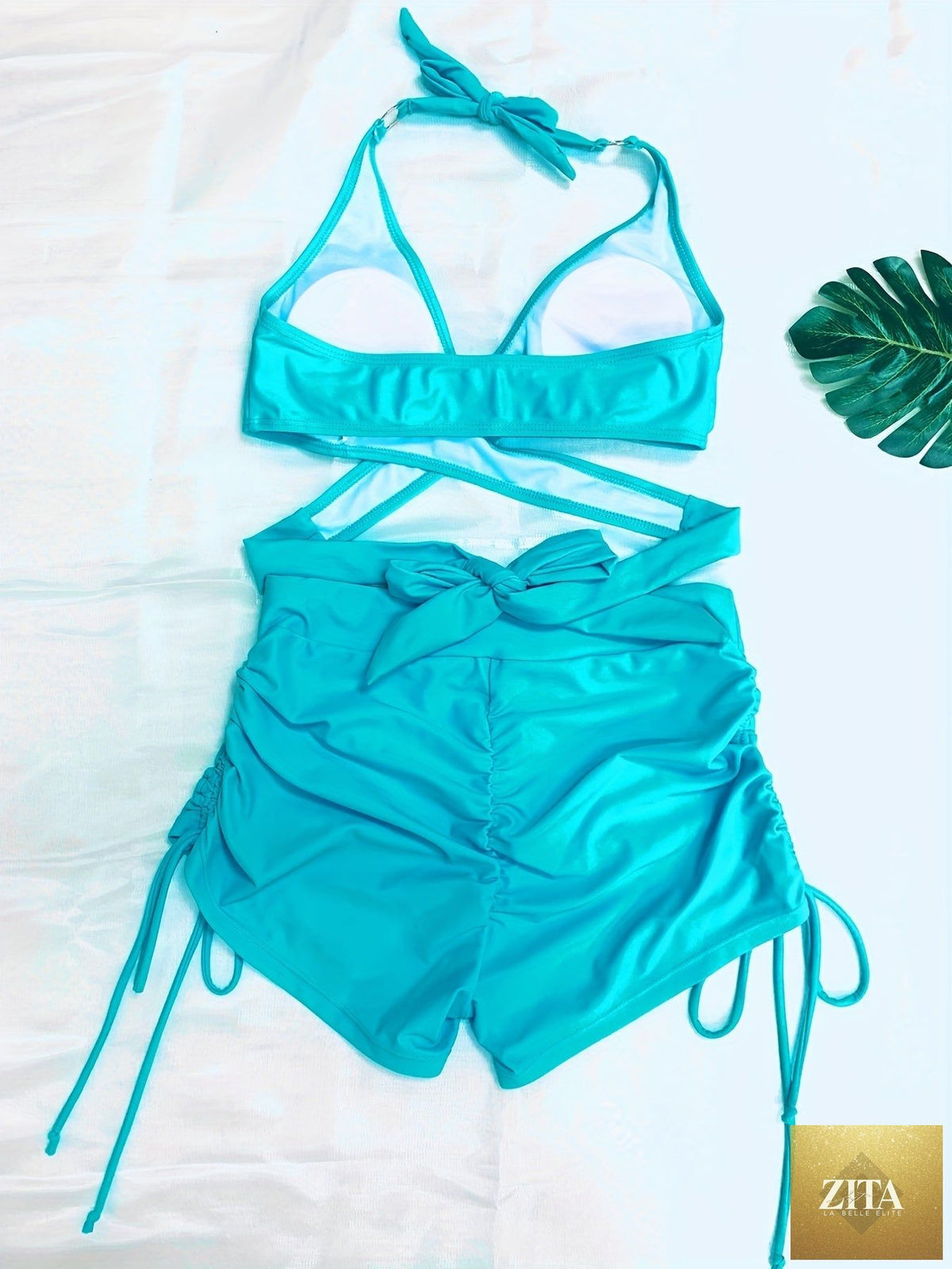 Stevvex Coastal Curve halter bikini set for women with V-neck, crisscross drawstring, ring detail, and high-waisted boxer shorts.
