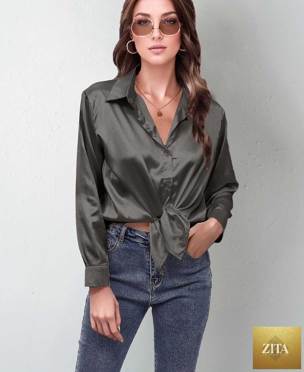 Women’s Satin Lapel Button-Down Blouse by FitiqueFit, casualwear, featuring satin fabric, lapel collar, and button front detail.