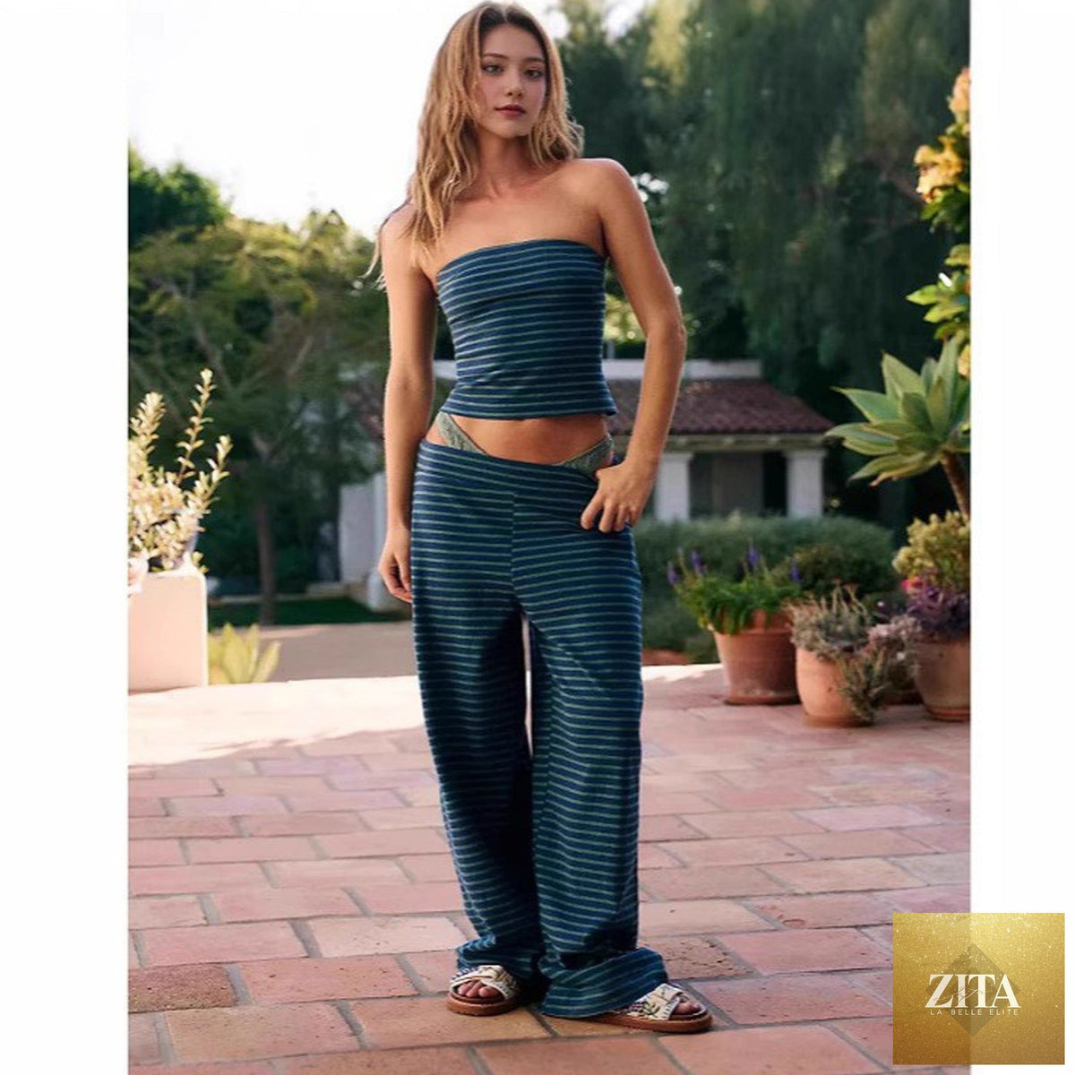 Women's striped tube top and matching pants set by Zita La Belle Elite, casualwear 2-piece modal outfit, featuring a stylish striped design.