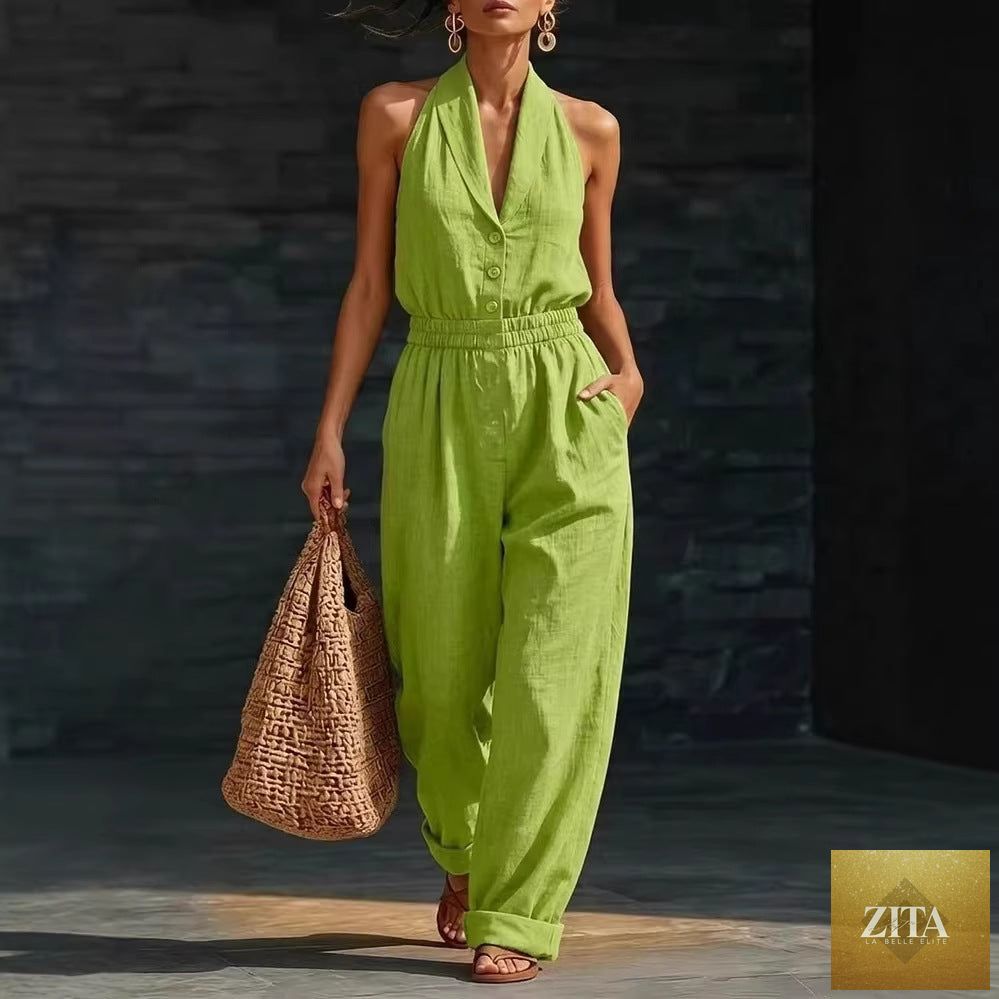 Women's knitted V-neck slim-fit cropped jumpsuit by Zita La Belle Elite, casualwear style, showing the fitted design and V-neck detail.