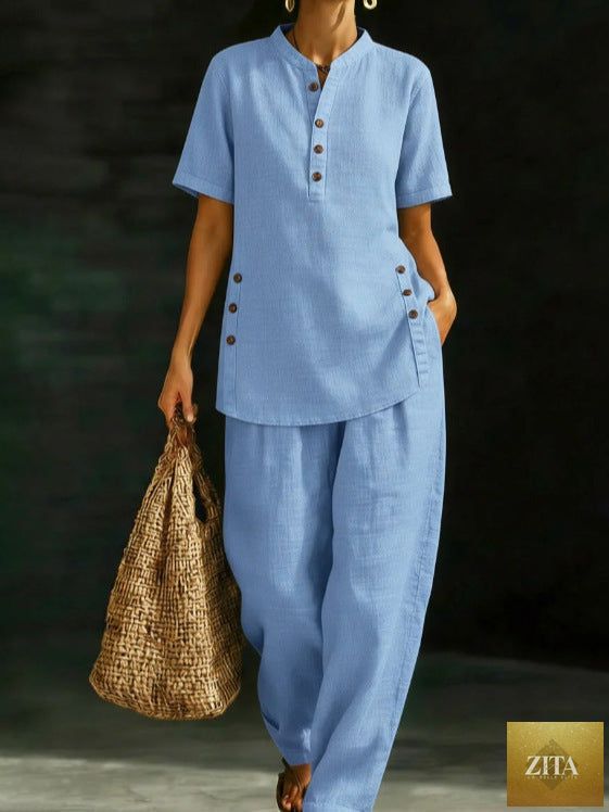 Zita La Belle Elite three-quarter sleeve shirt and wide-leg pants two-piece set in solid color, casual and stylish.