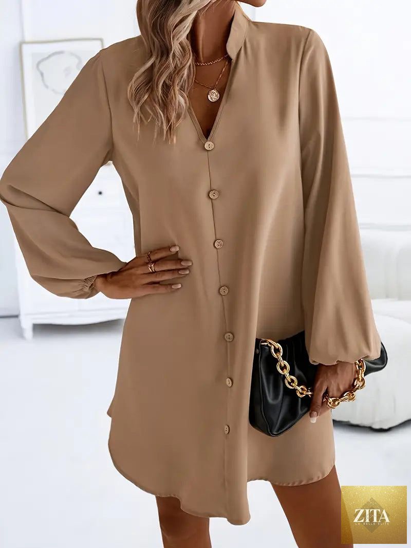 Women's V-neck long sleeve A-line dress by Zita La Belle Elite, featuring a single-breasted design and elegant fit.