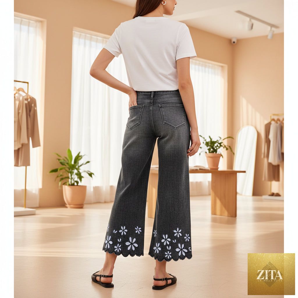 Women's cropped denim jeans by Zita La Belle Elite with chrysanthemum embroidery, loose fit, straight-leg casualwear.