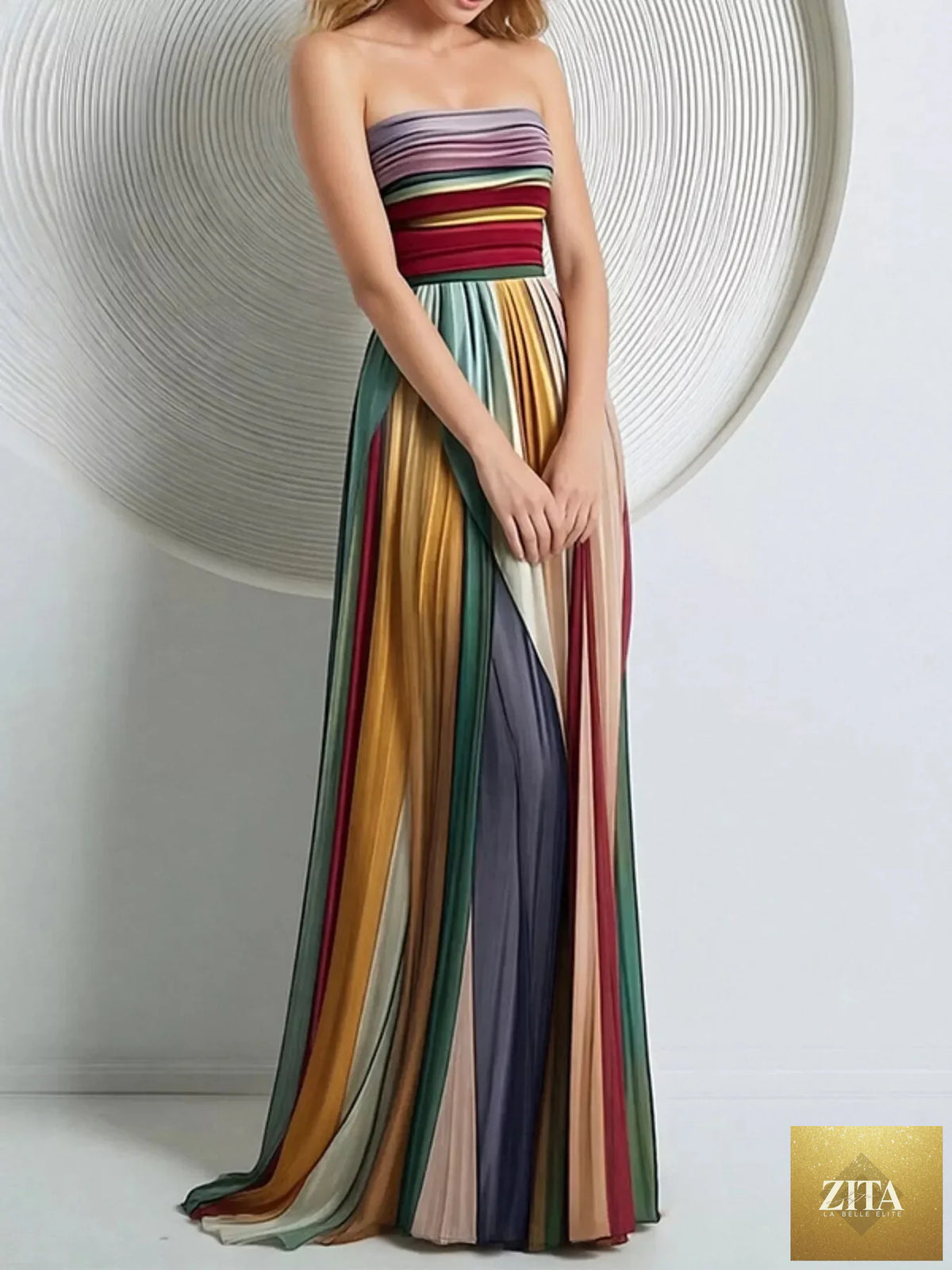Striped pleated tube maxi dress by Shopiebay featuring a fitted bodice, flowing skirt, and vibrant vertical stripes.