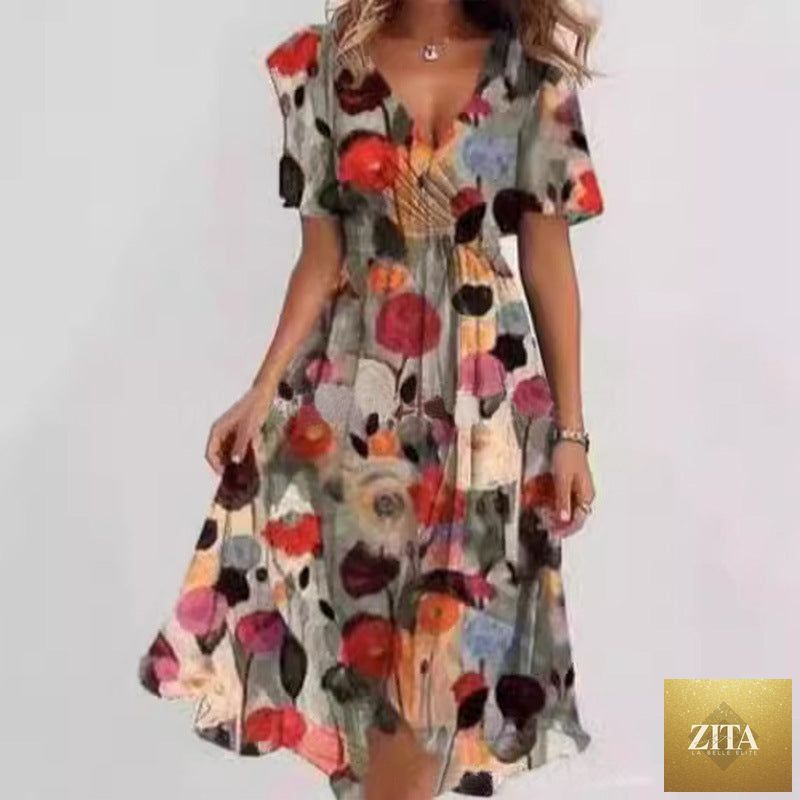 Floral print FitiqueFit A-line dress with V-neck, short sleeves, and midi length, displayed on a mannequin.