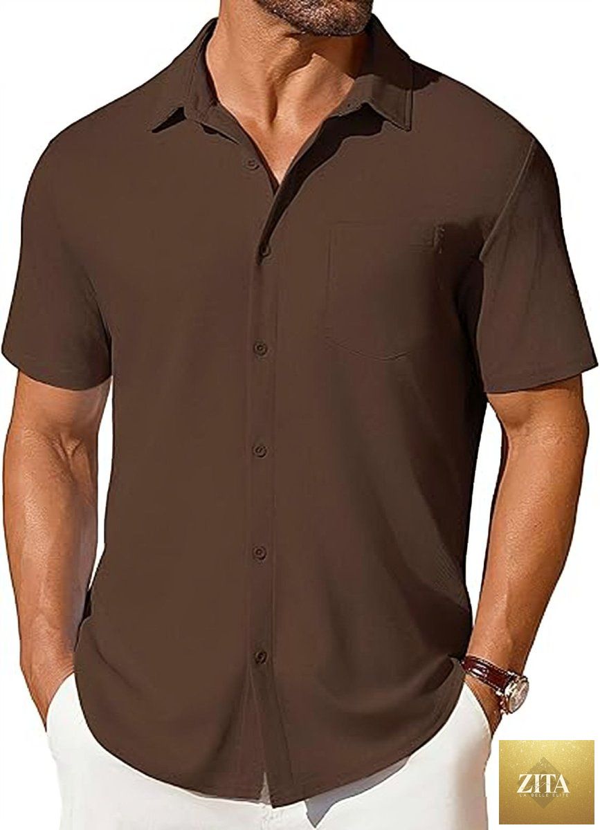 Mandotos men's short-sleeve button-up shirt with wrinkle-resistant, crease-resistant fabric, shown in a casual fit.