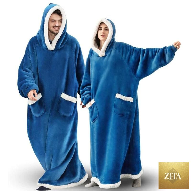 Mandotos winter TV hoodie blanket showing oversized cozy pullover with pockets, perfect for staying warm at home.