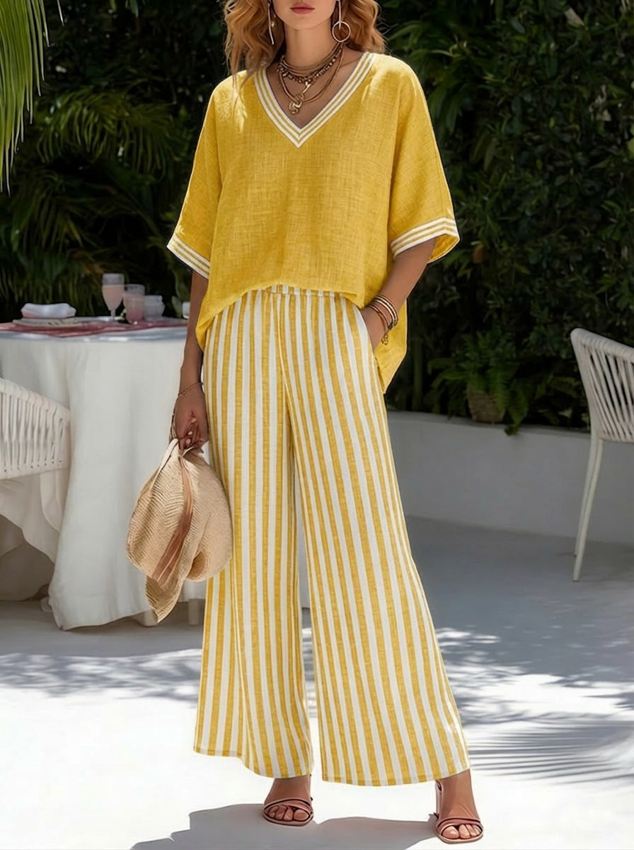Women's striped tunic top and casual trousers two-piece set from FitiqueFit, featuring a relaxed fit and comfortable casual style.