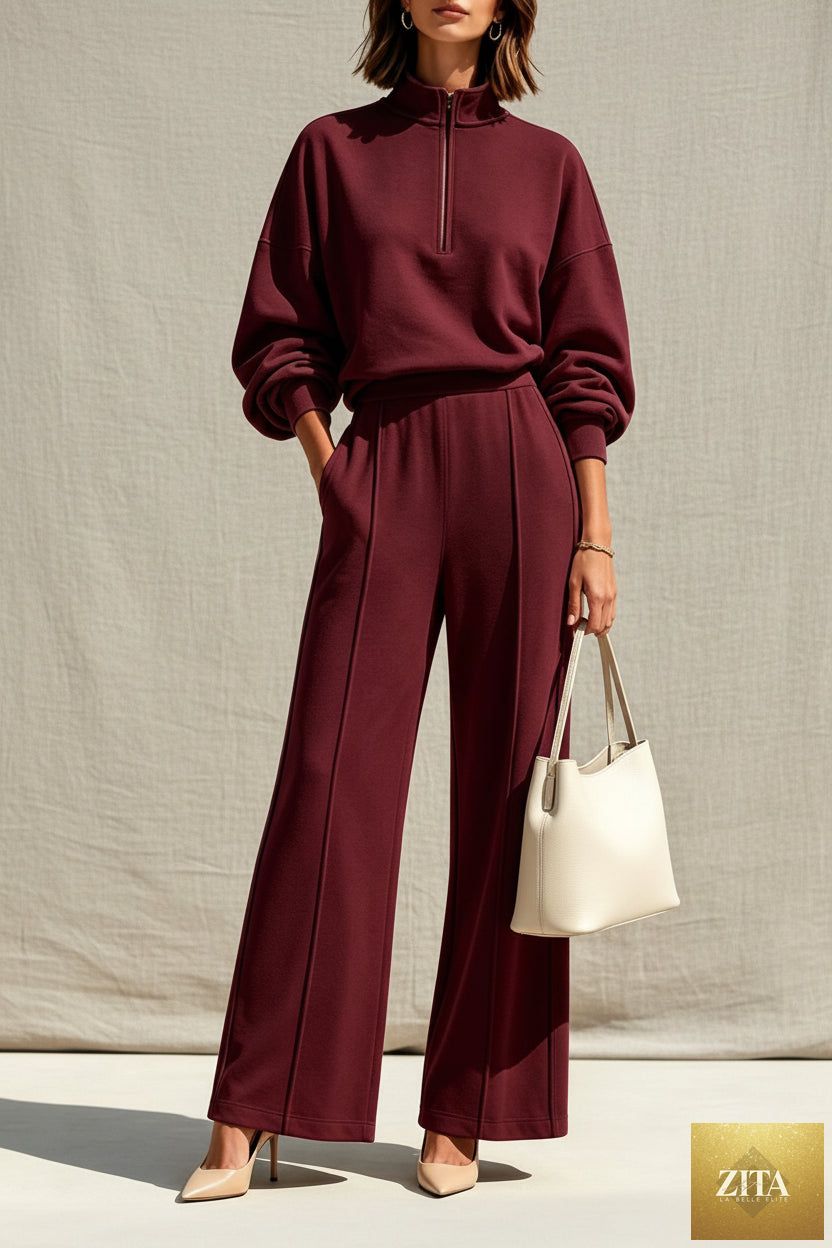 Women's Half-Zip Hoodie & Wide-Leg Pants Set