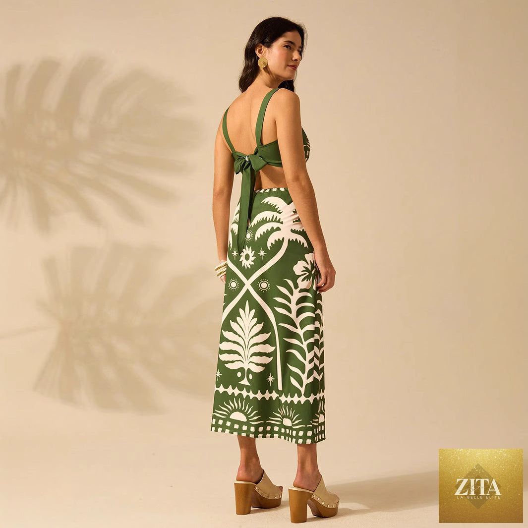 Women’s floral printed camisole and high-waisted midi skirt set by Zita La Belle Elite, casualwear, shown on a model.
