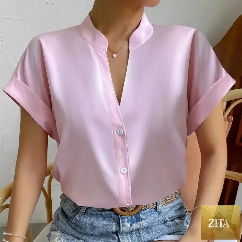 FitiqueFit summer women's satin V-neck short sleeve casual shirt, elegant and comfortable for warm weather wear.