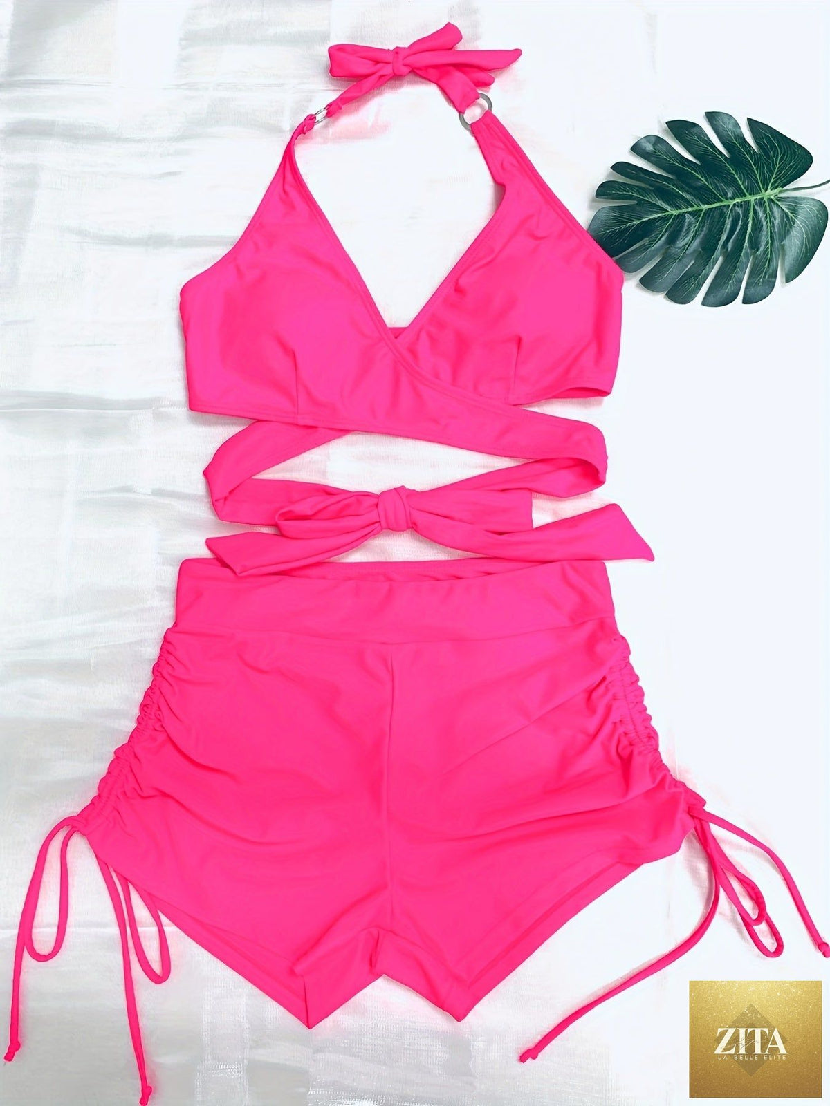 Stevvex Coastal Curve halter bikini set for women, featuring a V-neck, crisscross drawstring, ring detail, and high-waisted boxer shorts.