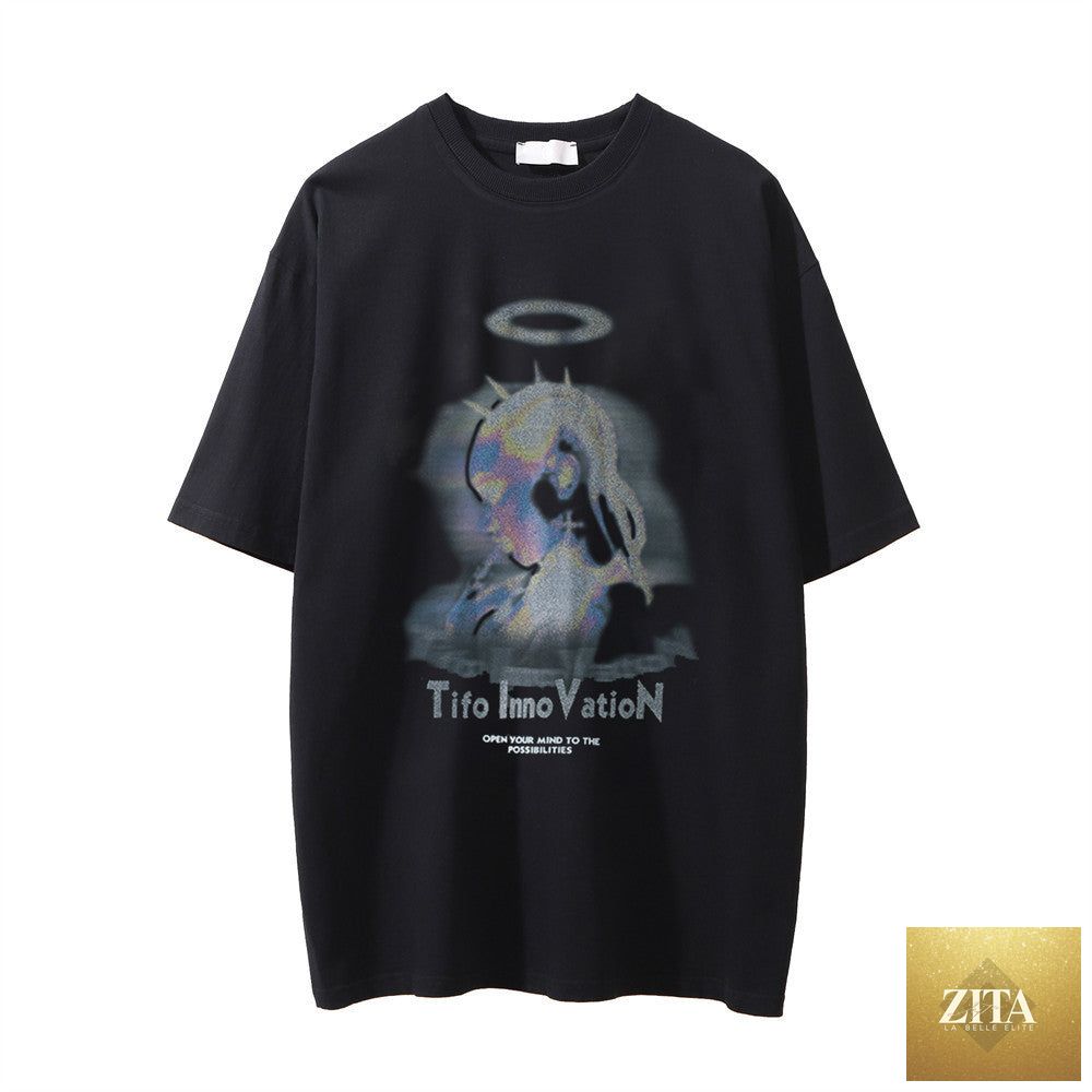 Printed washed distressed T-shirt by Zita La Belle Elite, streetwear style with vintage, faded design and casual fit.