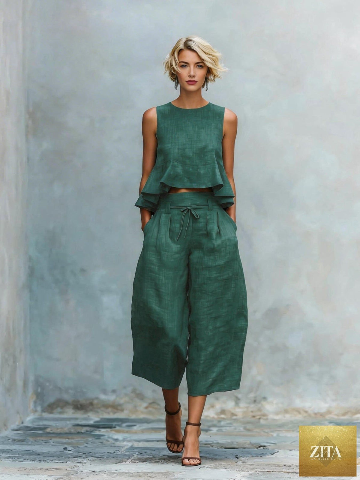 Women’s linen-blend sleeveless two-piece casualwear set with ruffled detailing by Zita La Belle Elite, shown on a model.