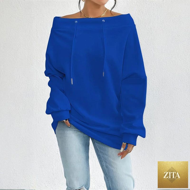 Plus size off shoulder pullover from Zita La Belle Elite, casualwear in soft fabric, shown on a model.