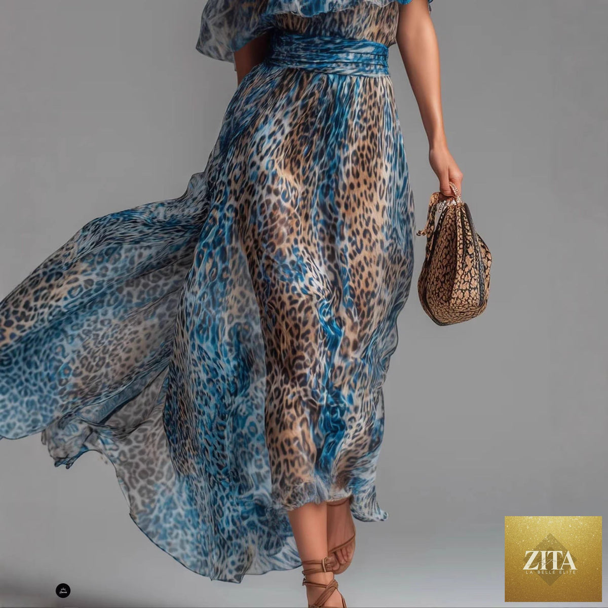 Peacock blue leopard print chiffon off-shoulder boho A-line casual dress by FitiqueFit, featuring a flowy, stylish design.