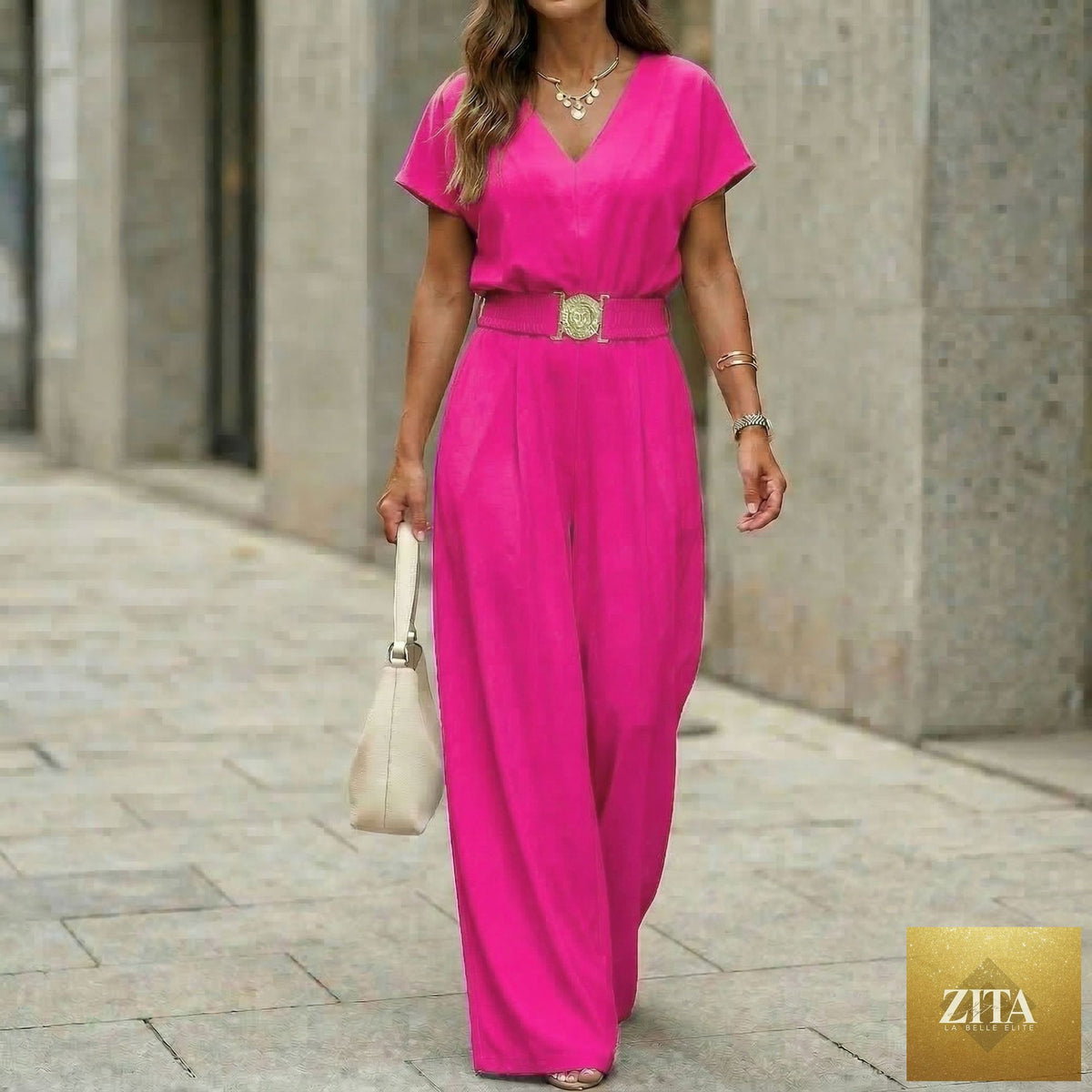 Women's FitiqueFit V-neck belted wide-leg jumpsuit, casualwear with a relaxed fit and stylish belt detail, shown in the image.