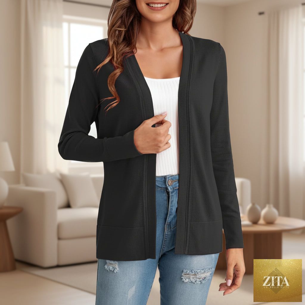 Women's knitted loose cardigan coat by FitiqueFit in four colors, featuring a cozy, relaxed fit and soft knit fabric.