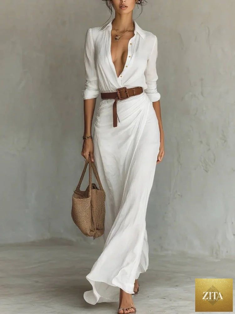Women's elegant belted irregular ruffle long dress by Zita La Belle Elite, featuring a slim waist and casualwear style.