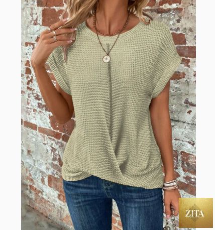 Women’s textured cuff short-sleeve tee by FitiqueFit, shown in a casualwear style with a textured fabric and short sleeves.