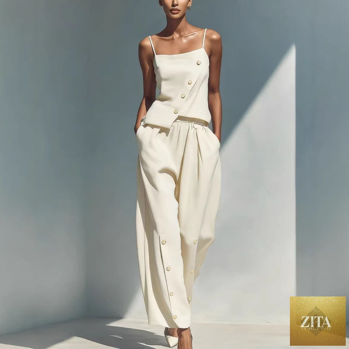 Women's gold-buckle camisole and pants two-piece casualwear set by Zita La Belle Elite, featuring a stylish camisole top and matching pants.