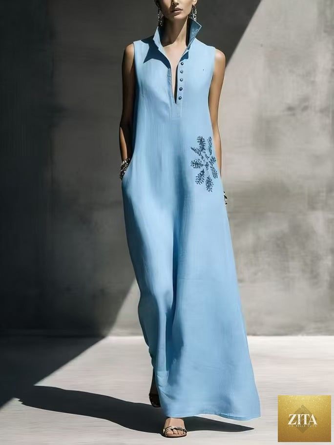 Women's cotton linen maxi dress with mandarin collar, graphic print, and pockets, by FitiqueFit, ideal casualwear for warm weather.