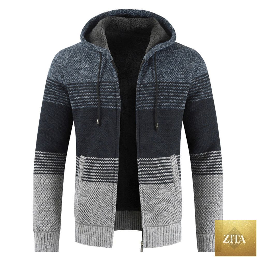 Men's autumn winter hooded sweater cardigan by FLIPSTYLEZLLC, showing a cozy, knit coat with a hood and button closure.