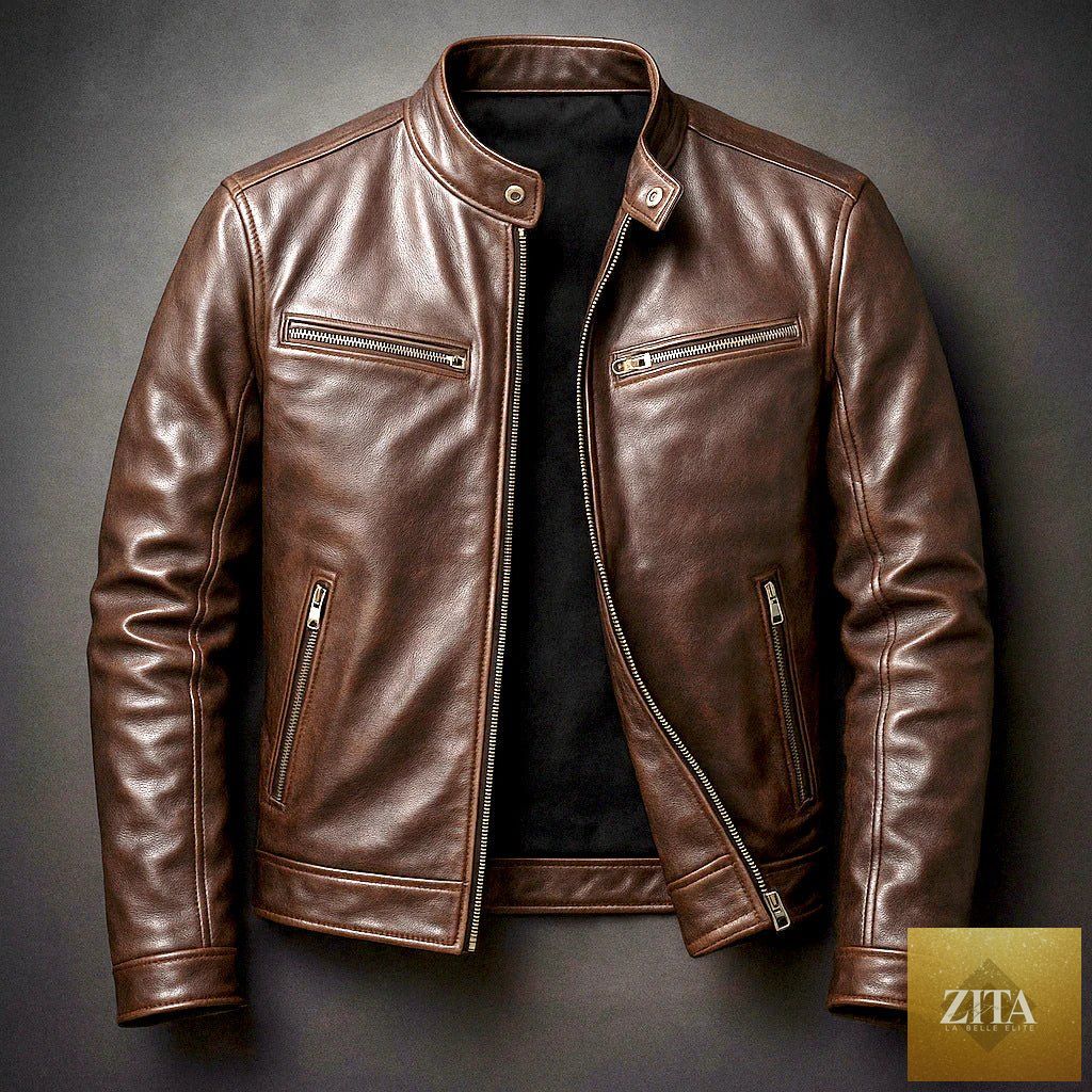 Mens PU leather motorcycle jacket with stand-up collar from MANDOTOS, featuring a sleek design and zip closure.