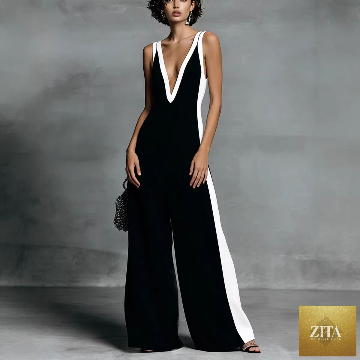 Women's sleeveless V-neck contrast color wide-leg jumpsuit by Zita La Belle Elite, casualwear style, shown in natural pose.