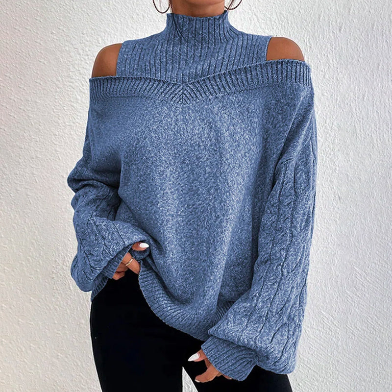 Women's cold shoulder sweater by FitiqueFit featuring a high neck, cut-out details, long sleeves, perfect for casual wear.