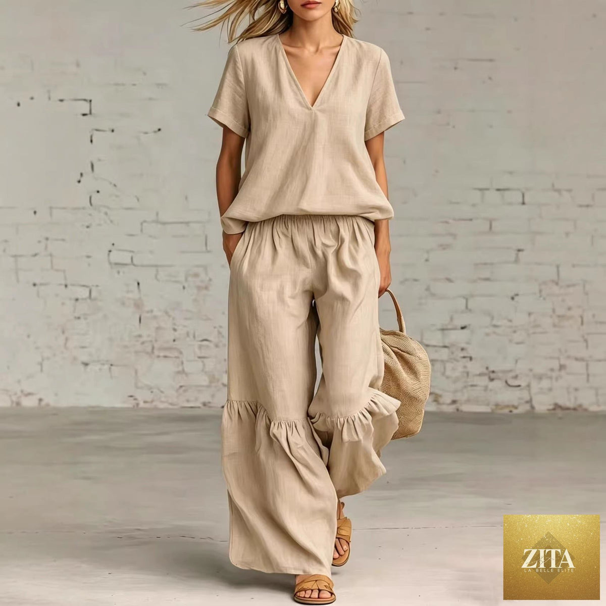 Zita La Belle Elite casualwear set with v-neck loose short-sleeve top and matching pants in multiple colors, available in sizes S to 5XL.