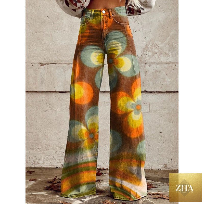 Women's printed flare pants by Zita La Belle Elite, mid-waist, full-length casualwear in plus size with vibrant print design.