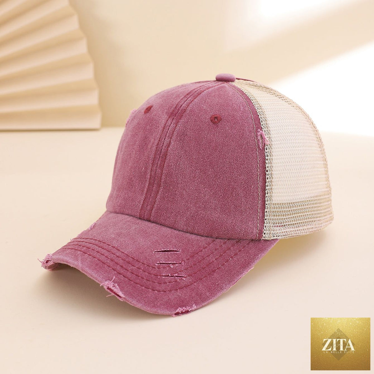 Distressed washed mesh baseball cap by Zita La Belle Elite, unisex frayed hat for outdoor and daily wear, casual style.