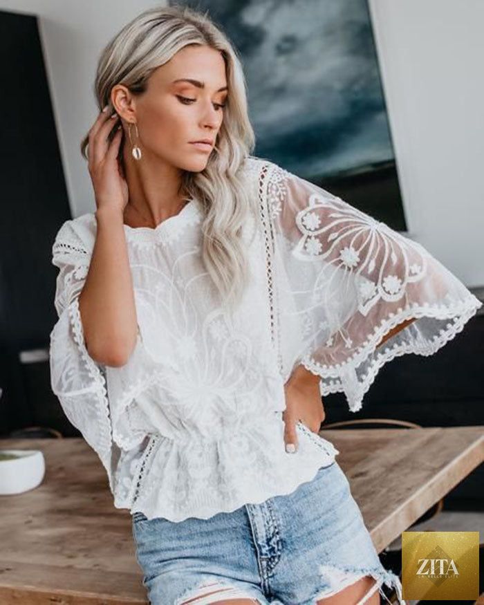 Women’s short sleeve lace trim top by FitiqueFit featuring a casual batwing shirt with delicate lace details.