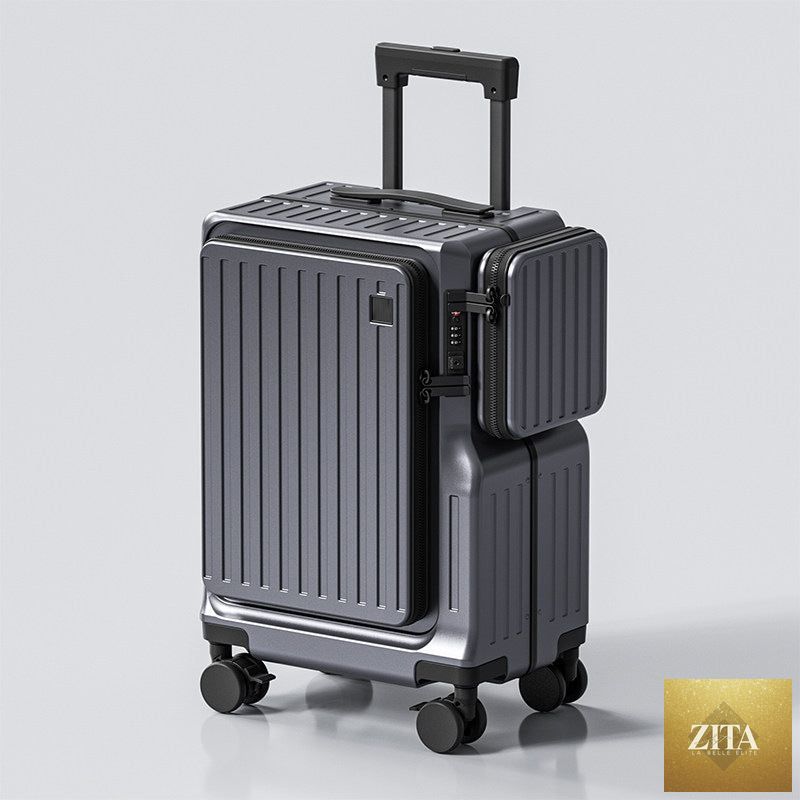 Front-opening 20-inch carry-on suitcase by Social Buzz eSIMs, with a sleek hard shell and side handle for travel convenience.