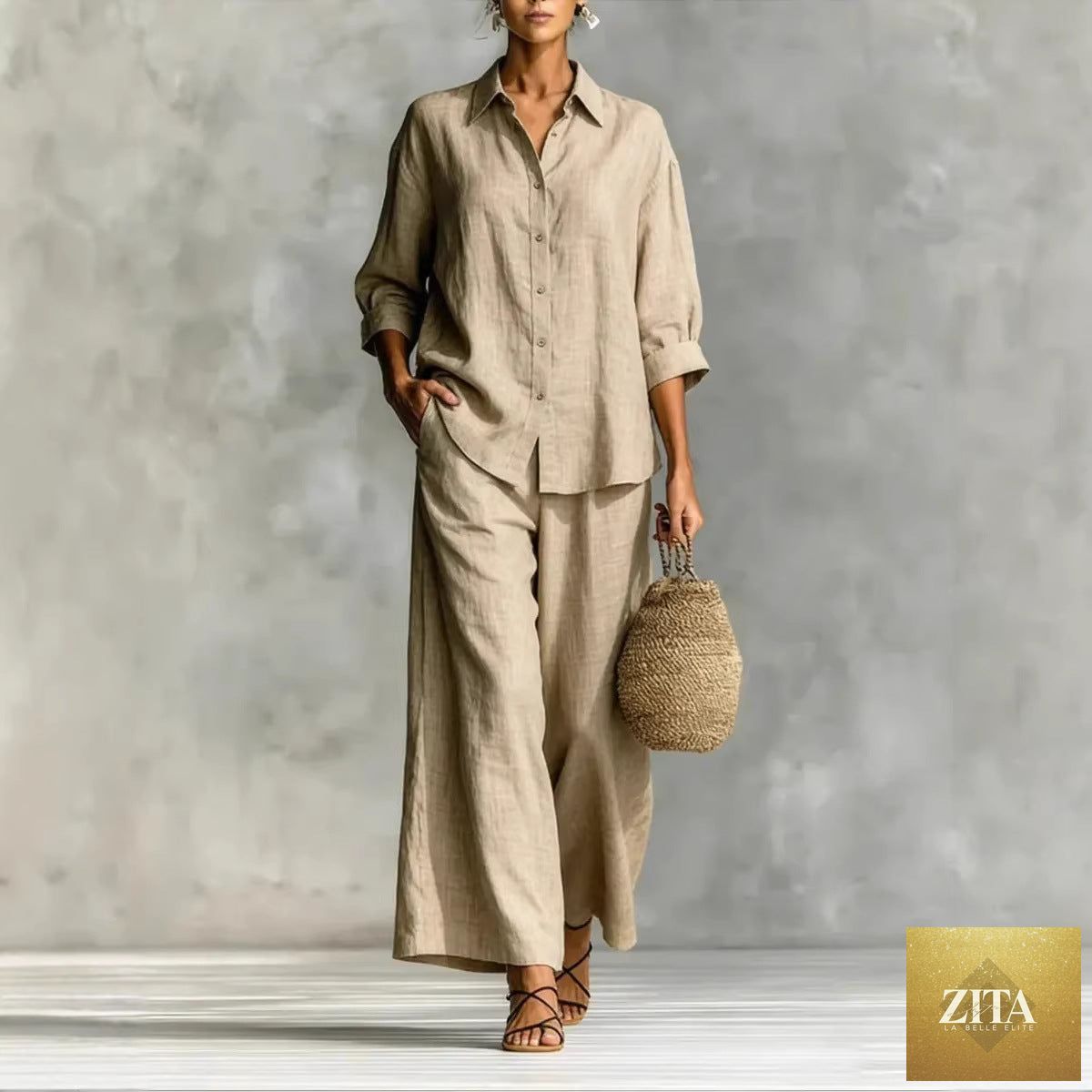 Zita La Belle Elite cotton-linen casual shirt and wide-leg pants suit in multiple colors, shown on a model.