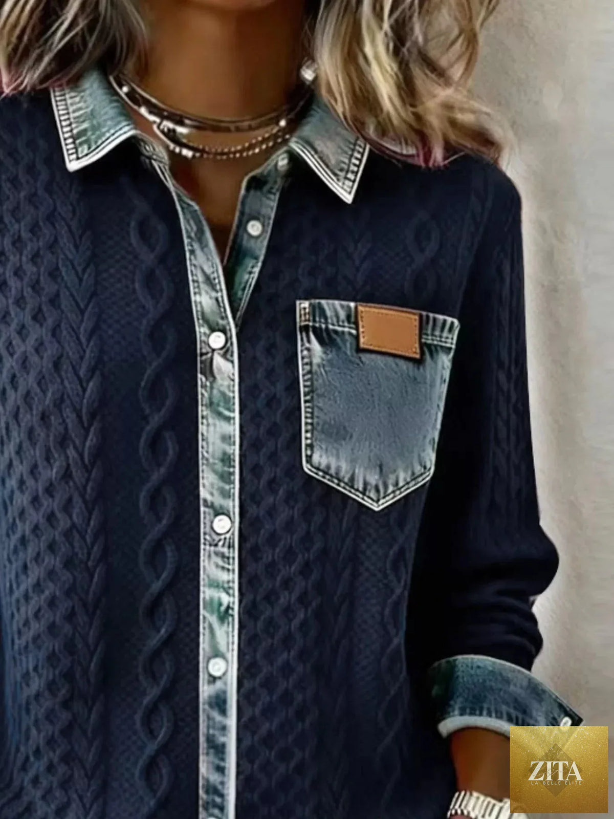 Denim Trim Cable Knit Cardigan
